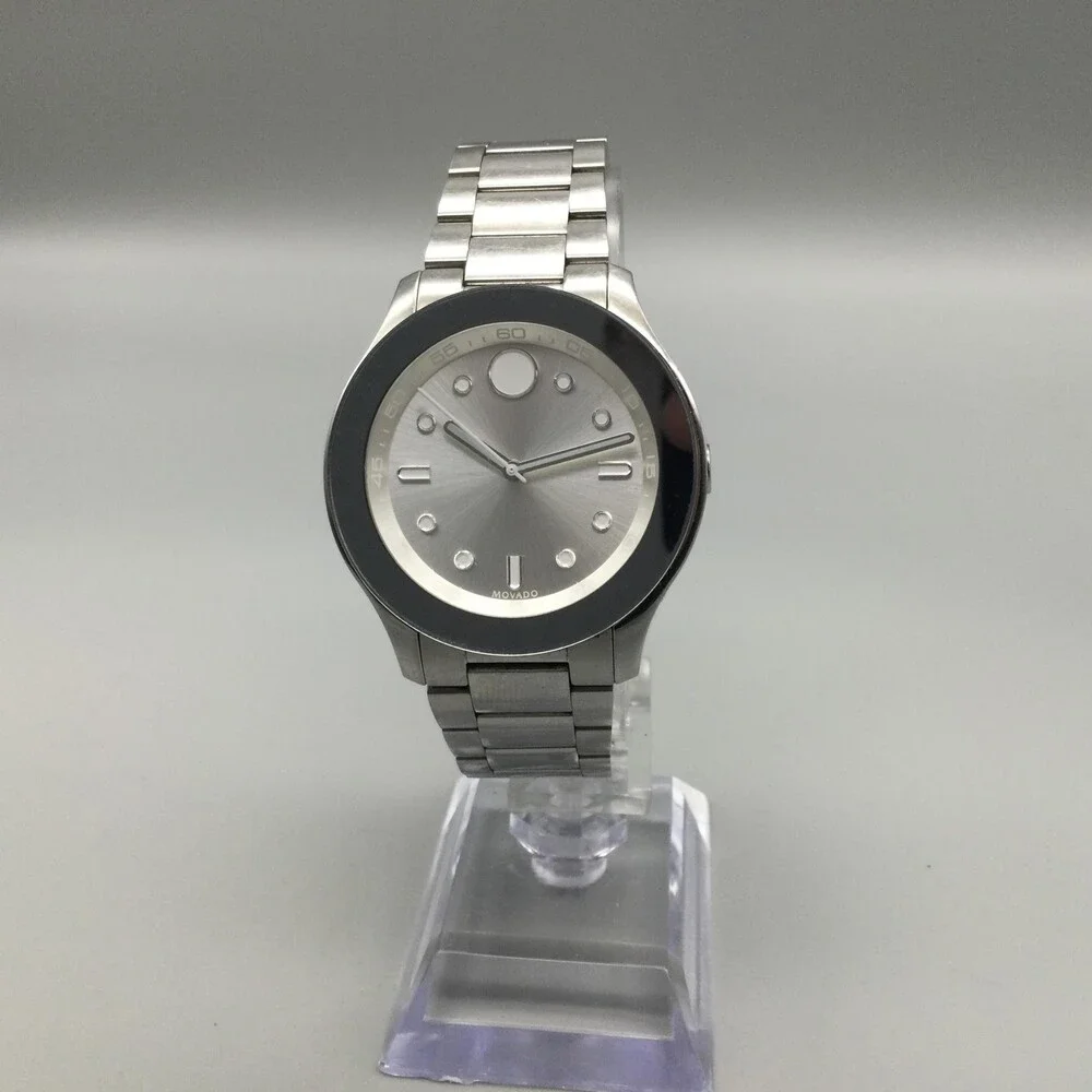 Movado Bold Womens Watch 36mm Silver Tone Black Bezel New Battery 7.25